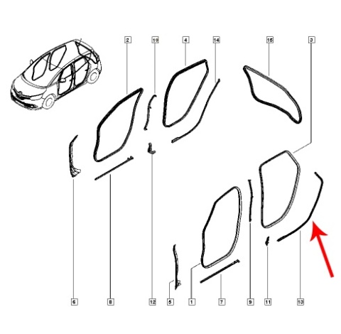 Uszczelka Renault Scenic 4 IV 16-22r. NOWA dolna gumowa uszczelka prawych tylnych drzwi prawy tył 828383716r