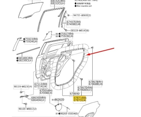 Uszczelka Toyota Yaris 3 III 14-17r. guma prawych tylnych drzwi prawy tył 67871-0D091